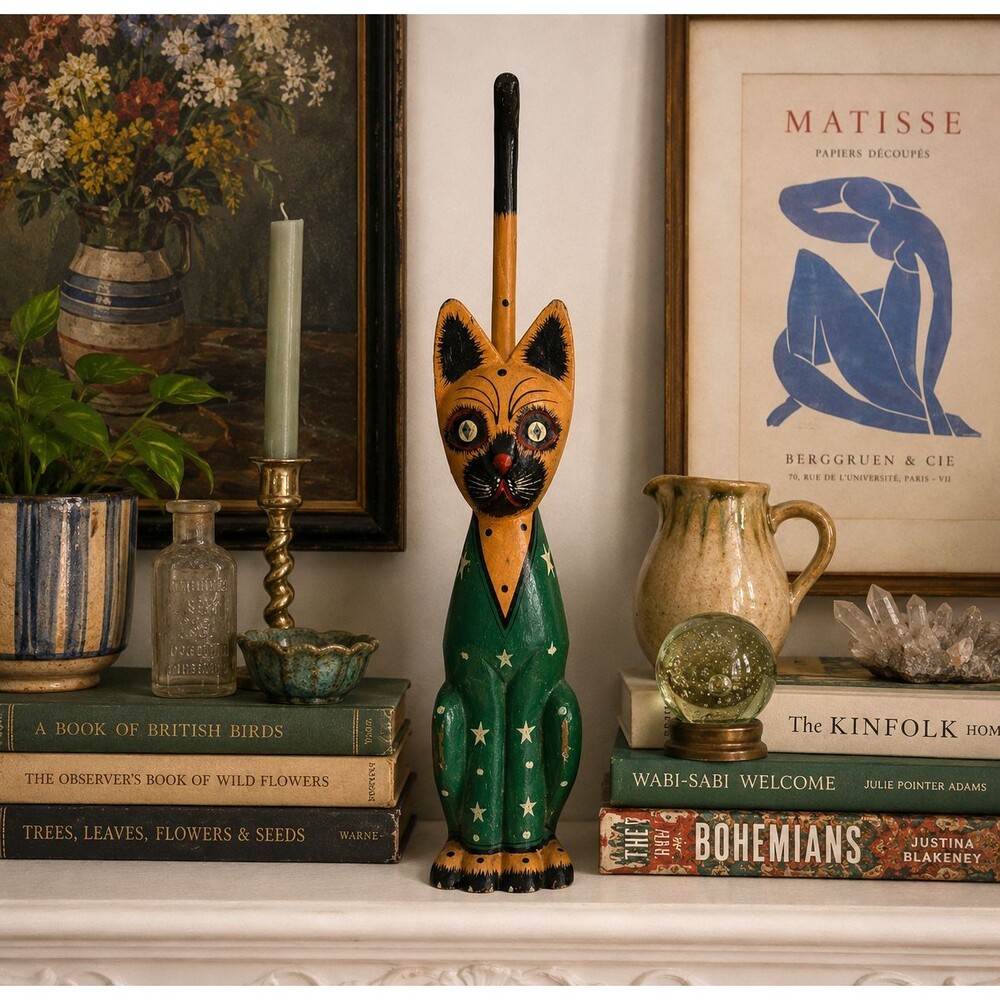 VTG Wooden Folk Art Cat Statue Tall Long Tail Hand Carved Painted Whimsy